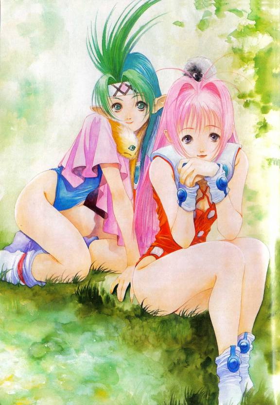 mikimoto haruhiko, elma hoyly, guvava, mylene jenius, macross, macross 7, 1990s (style), 2girls, aqua eyes, blue hair, boots, grass, green hair, grey eyes, headband, highleg, highleg leotard, legs, leotard, lips, long hair, long legs, multicolored hair, multiple girls, object on head, pink hair, pointy ears, retro artstyle, sitting, smile, two-tone hair