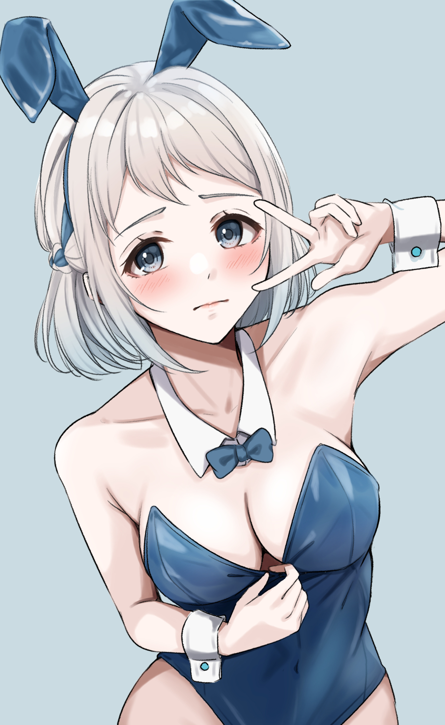 yuzuyu (hyui), katsuragi lilja, gakuen idolmaster, idolmaster, highres, 1girl, animal ear hairband, animal ears, blue bow, blue bowtie, blue eyes, blue leotard, blue ribbon, blush, bow, bowtie, braid, breasts, collarbone, covered navel, detached collar, fake animal ears, grey hair, hair ribbon, hairband, half up braid, highleg, highleg leotard, leotard, looking at viewer, medium breasts, playboy bunny, rabbit ear hairband, rabbit ears, ribbon, ribbon braid, short hair, simple background, solo, strapless, strapless leotard, w, wrist cuffs