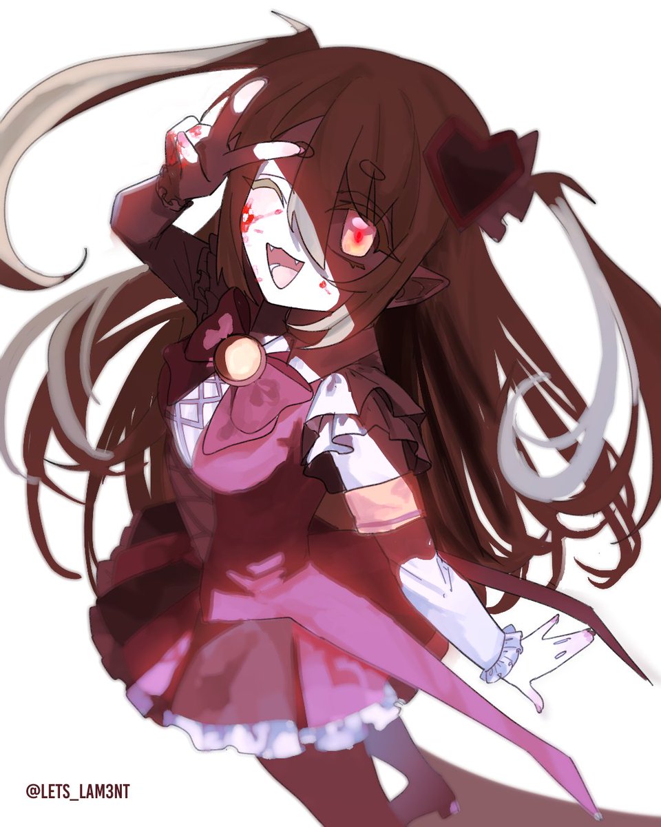 lets lam3nt, don quixote (project moon), limbus company, project moon, highres, 1girl, :d, armband, blonde hair, bow, bowtie, e.g.o (project moon), fangs, hair ornament, heart, heart hair ornament, in the name of love and hate (e.g.o), long hair, long sleeves, looking at viewer, one eye closed, open mouth, orange armband, pink bow, pink bowtie, pink eyes, pink skirt, pink vest, simple background, skirt, smile, solo, standing, two side up, upper body, v, vest, white background