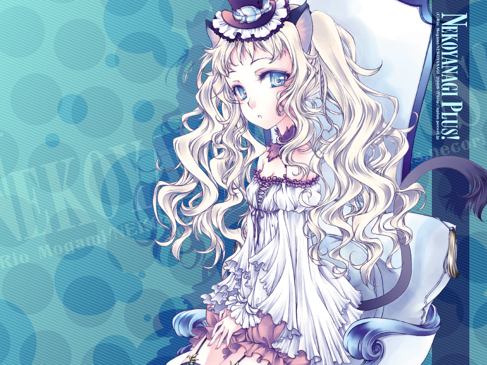 mogami rio, original, highres, animal ears, blonde hair, blue eyes, cat ears, cat tail, garter belt, hat, long hair, sitting, solo, tail, twintails