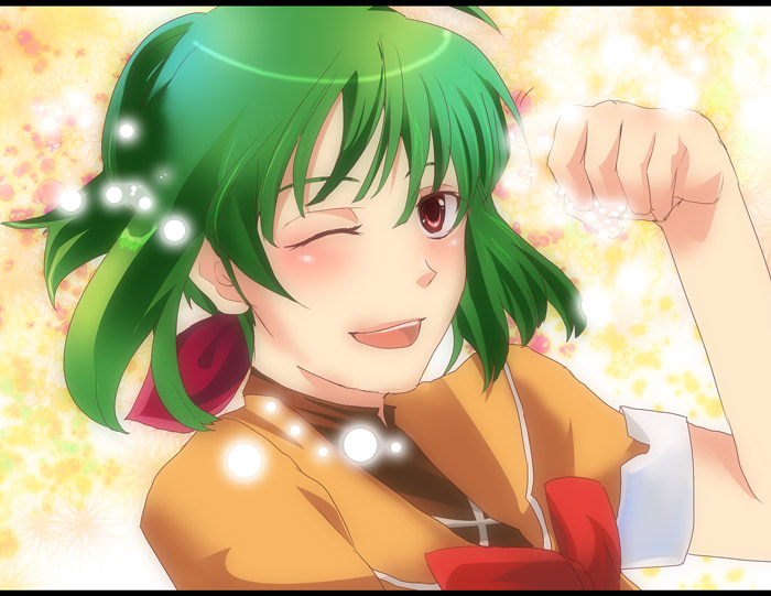 mayuge seggou, ranka lee, macross, macross frontier, bad id, bad pixiv id, 00s, green hair, one eye closed, red eyes, ribbon, short hair, solo, wink
