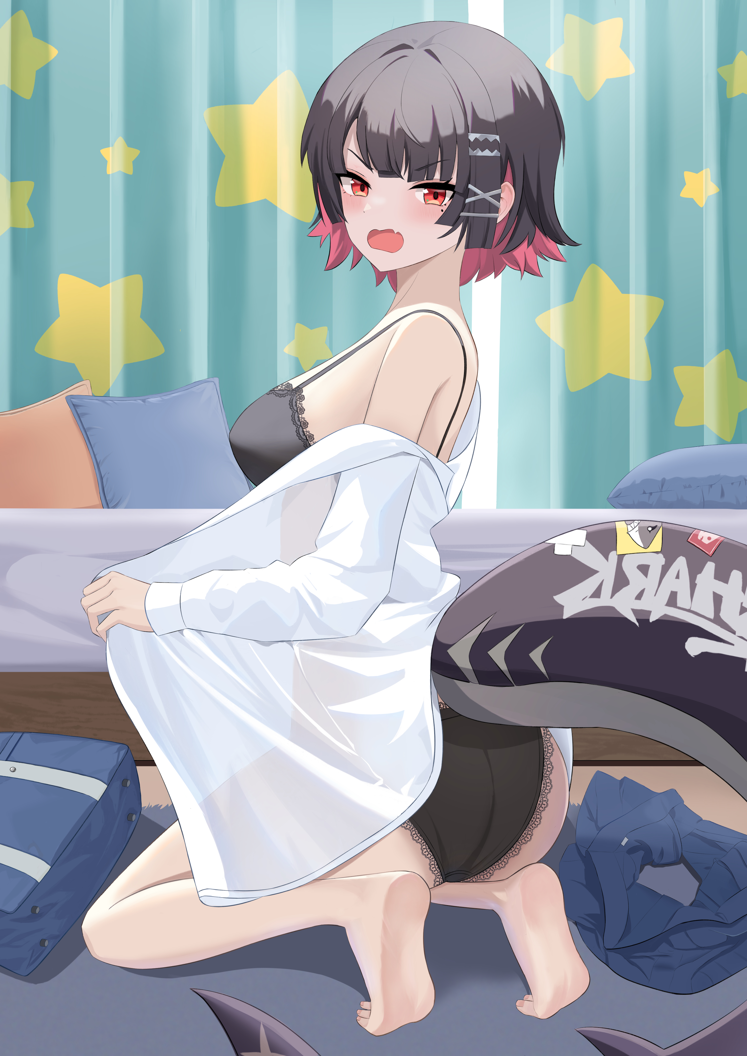 isso jp, ellen joe, ellen joe (on campus), zenless zone zero, absurdres, highres, 1girl, black bra, black hair, black panties, blush, bra, breasts, colored inner hair, embarrassed, fins, fish tail, hair ornament, indoors, looking at viewer, medium breasts, mole, mole under eye, multicolored hair, open mouth, panties, pink hair, red eyes, shark girl, shark tail, short hair, solo, tail, underwear, undressing, x hair ornament
