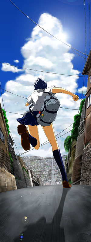 71 (nanaichi drafting), konno makoto, toki wo kakeru shoujo, 00s, bag, black hair, city, cloud, day, from below, kneehighs, running, school uniform, serafuku, shadow, sky, socks, solo