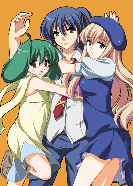 odawara hakone, ranka lee, saotome alto, sheryl nome, macross, macross frontier, 00s, 2girls, blonde hair, blue eyes, blush, green hair, group hug, hug, long hair, multiple girls, open mouth, serious, short hair, smile, sweat