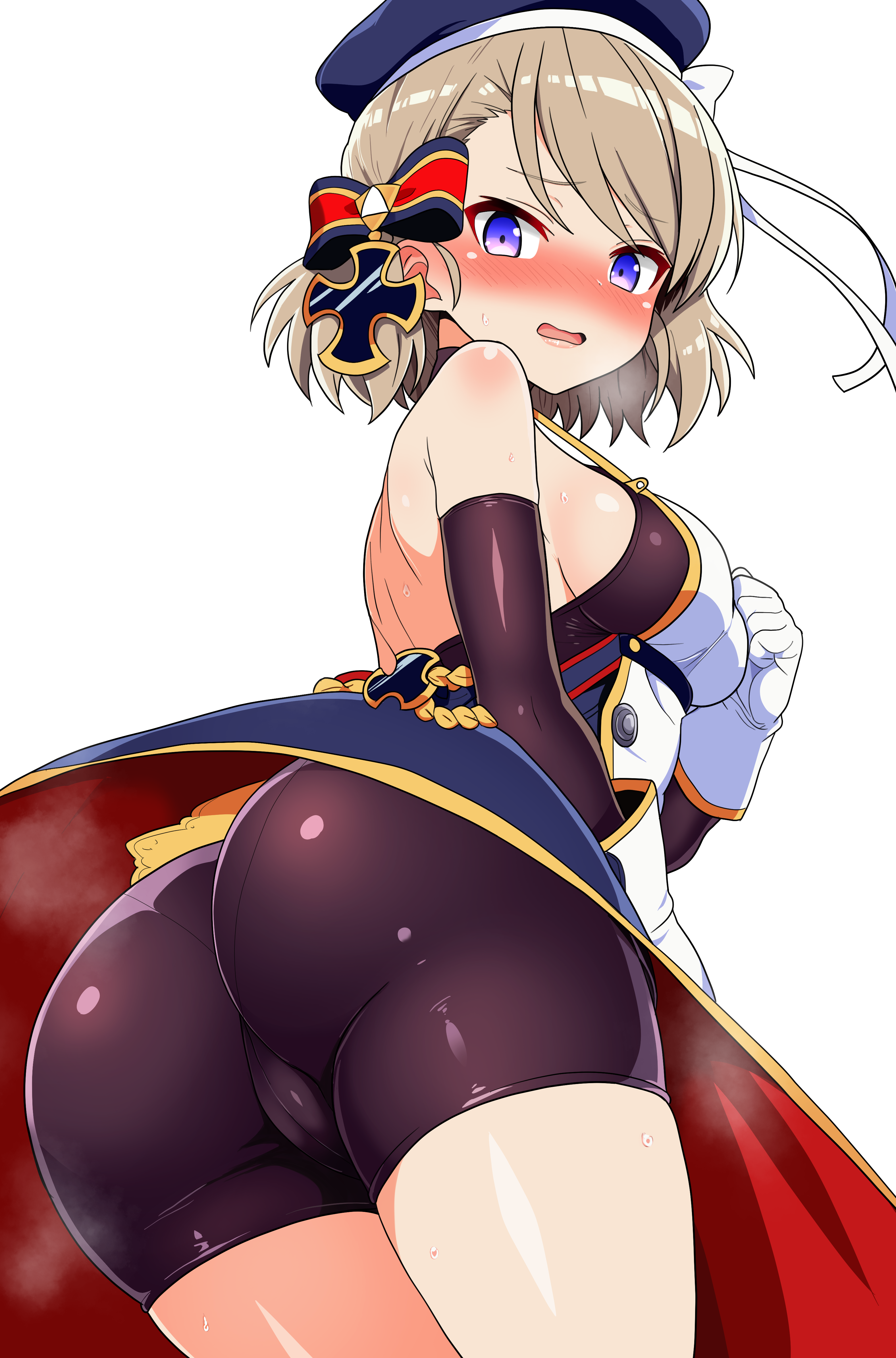 igarashi gozo, z23 (azur lane), azur lane, absurdres, highres, 1girl, ass, bare shoulders, beret, bike shorts, blonde hair, blue eyes, blush, breasts, brown hair, brown sleeves, cross, elbow gloves, gloves, hat, iron cross, looking at viewer, medium breasts, open mouth, purple eyes, simple background, solo, white background, white gloves