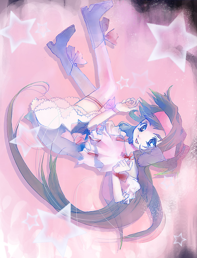 makkuro (aru h), zai-senpai, klan klein, macross, macross frontier, bad id, bad pixiv id, 00s, 1girl, blue hair, boots, female focus, green eyes, long hair, purple boots, solo, star (symbol)