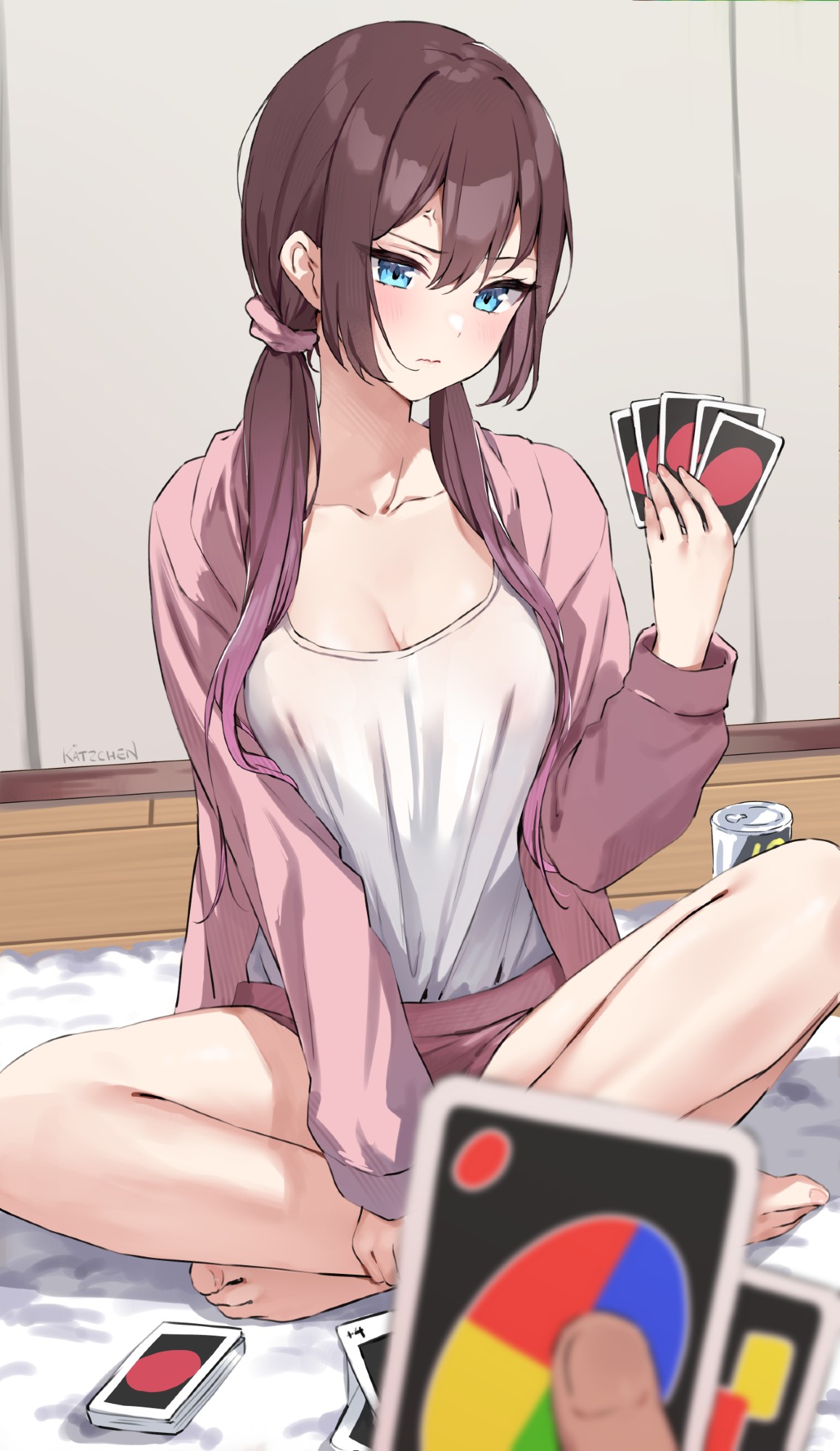 kaetzchen, original, uno (game), commentary, highres, symbol-only commentary, 1girl, 1other, anger vein, bare legs, barefoot, blue eyes, breasts, brown hair, card, cleavage, closed mouth, collarbone, covered erect nipples, frown, hair ornament, hair scrunchie, hand up, holding, holding card, indian style, jacket, large breasts, long hair, long sleeves, looking at viewer, low twintails, no bra, open clothes, open jacket, pink jacket, pink shorts, playing card, pov, pov hands, purple hair, scrunchie, see-through clothes, see-through shirt, shirt, shirt tucked in, short shorts, shorts, sitting, solo focus, thighs, twintails, v-shaped eyebrows, wavy mouth, white shirt
