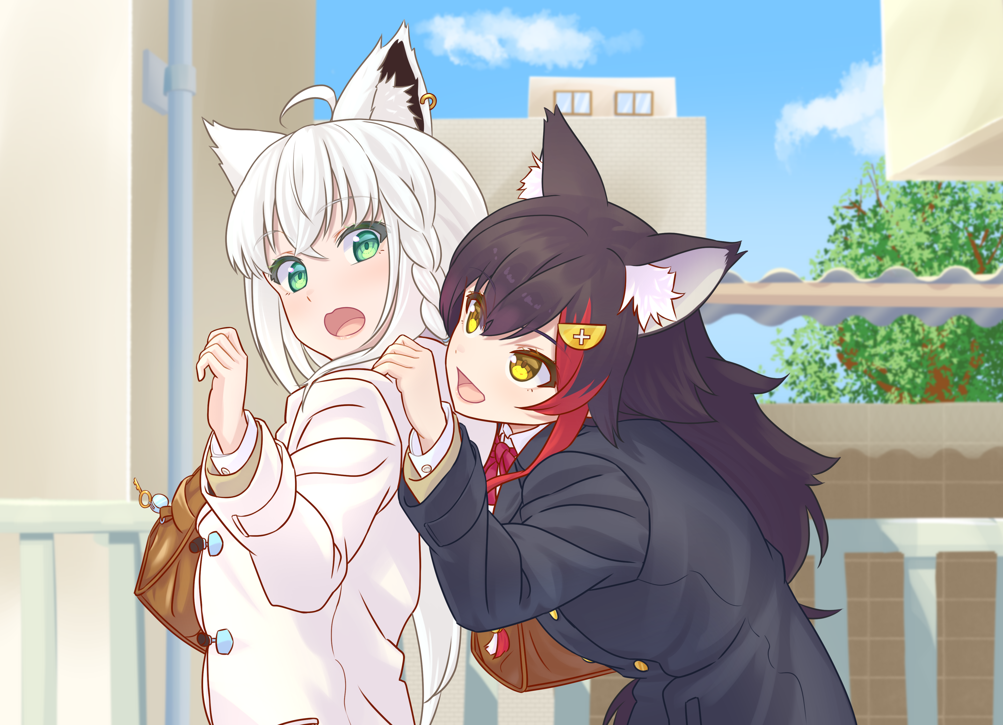 lemon pool, ookami mio, shirakami fubuki, hololive, absurdres, commentary request, highres, 2girls, :o, ahoge, animal ear fluff, animal ears, black hair, black jacket, blue sky, bow, bowtie, brown bag, brown jacket, building, bush, crossed bangs, earrings, fence, food-themed hair ornament, fox ears, fox girl, gold buttons, green eyes, hair ornament, jacket, jewelry, leaning forward, lemon hair ornament, long hair, long sleeves, looking back, medium hair, multiple girls, open mouth, outdoors, purple bow, purple bowtie, red hair, shirt, single earring, single hair streak, sky, smile, surprised, upper body, virtual youtuber, white hair, white shirt, wolf ears, wolf girl, yellow eyes