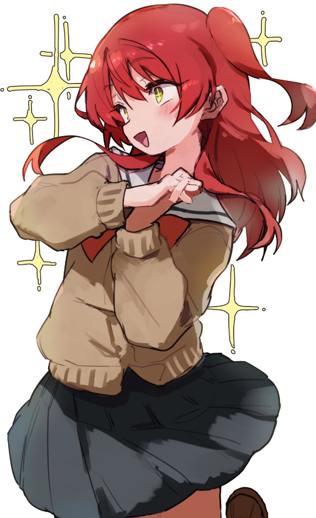 jamir, kita ikuyo, bocchi the rock!, commentary, + +, 1girl, black skirt, brown cardigan, cardigan, long hair, long sleeves, one side up, open mouth, own hands together, pleated skirt, red hair, sailor collar, school uniform, shuka high school uniform, simple background, skirt, solo, sparkle, white background, white sailor collar, yellow eyes