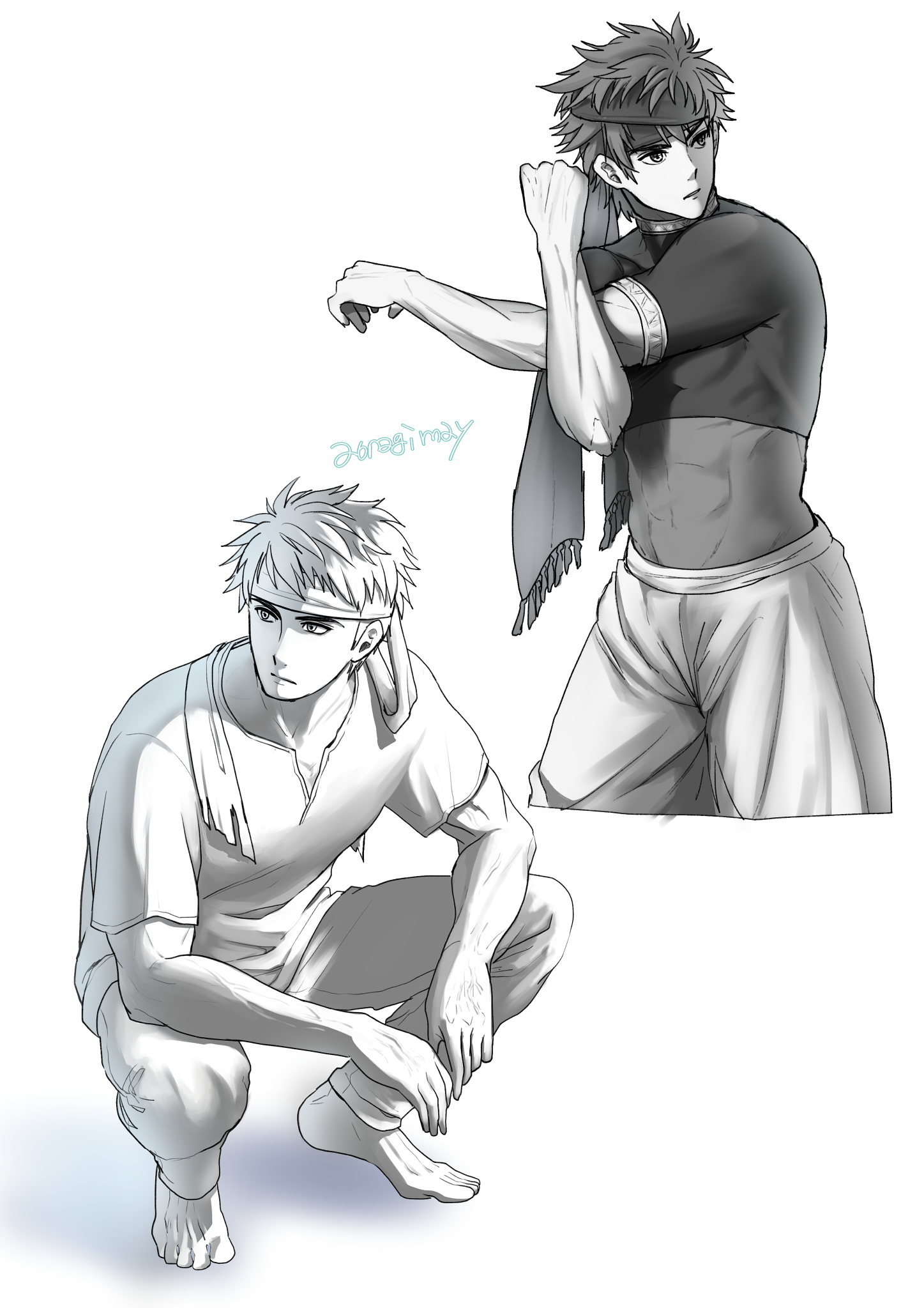 ike (fire emblem), ike (jehanna) (fire emblem), fire emblem, fire emblem: path of radiance, fire emblem heroes, nintendo, commentary request, highres, 1boy, aonagimay, barefoot, cropped legs, greyscale, headband, male focus, monochrome, multiple views, short hair, squatting, toned, toned male, twitter username
