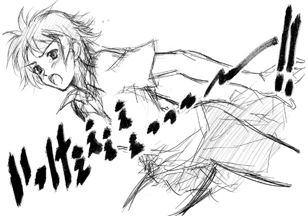 andou tomoya, konno makoto, toki wo kakeru shoujo, translated, 00s, greyscale, jumping, monochrome, short hair, shouting, sketch, skirt, solo, tears