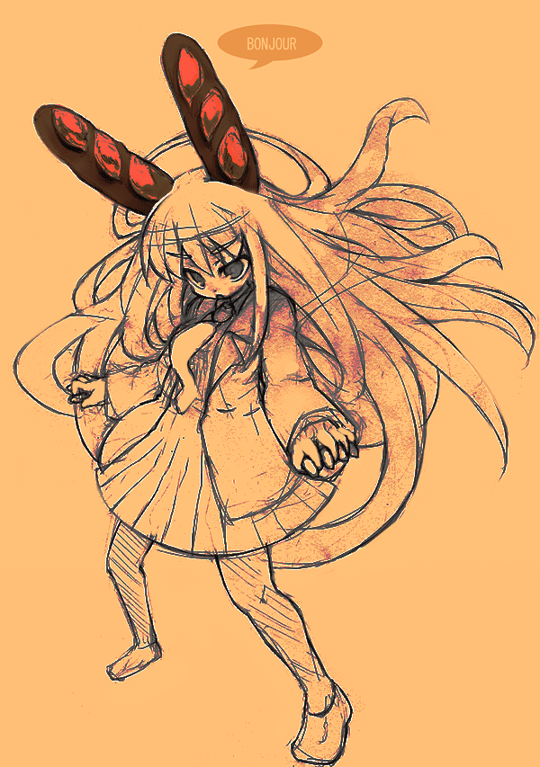 ozaki, salamander (hop-step), reisen udongein inaba, touhou, 1girl, bread, female focus, food, monochrome, orange theme, solo