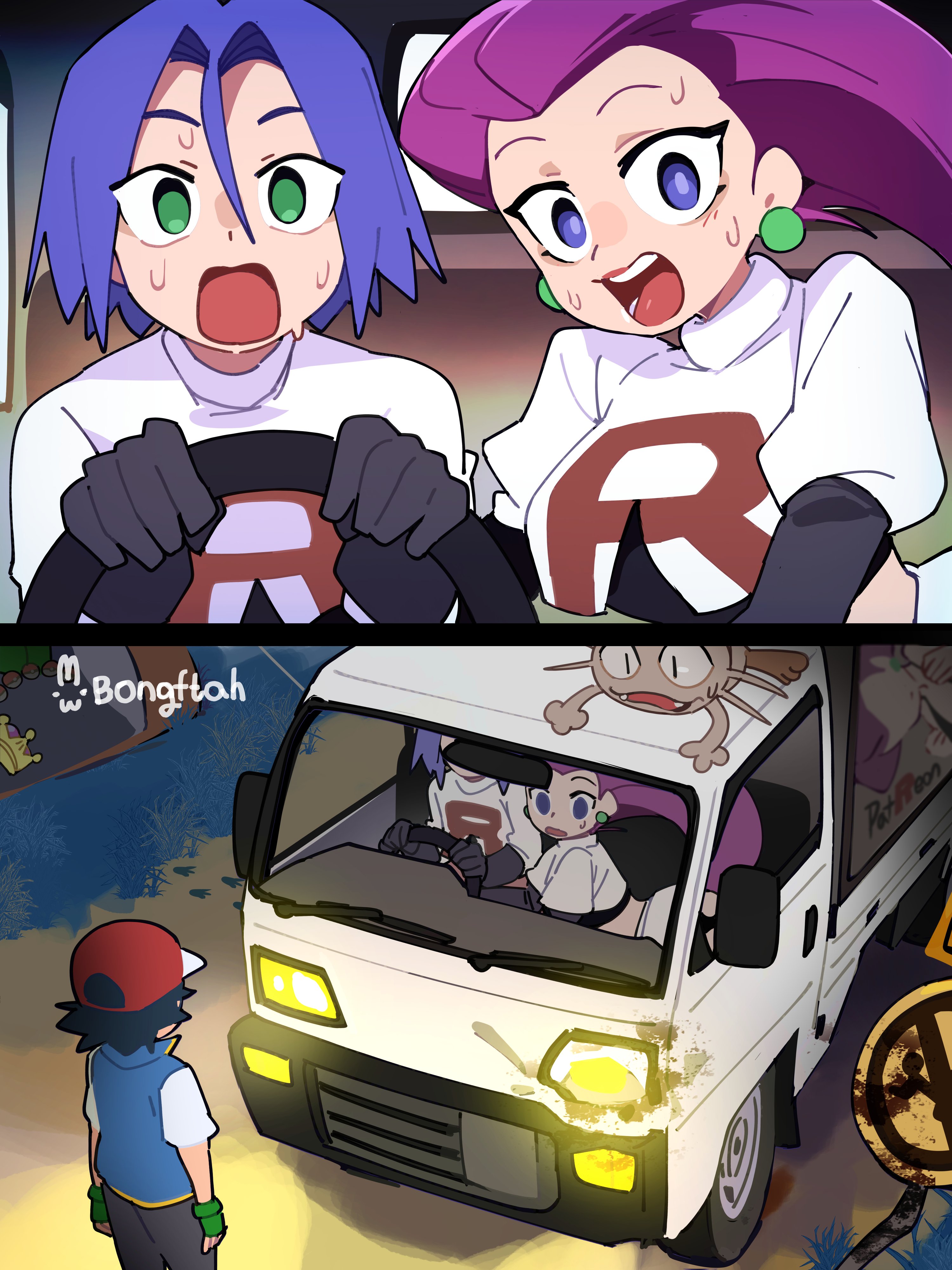 bongftah, ash ketchum, james (pokemon), jessie (pokemon), meowth, mario (series), new super mario bros. u deluxe, nintendo, pokemon, pokemon (anime), pokemon (classic anime), absurdres, commentary, highres, symbol-only commentary, 1girl, 2boys, baseball cap, black gloves, blue hair, car, earrings, gen 1 pokemon, gloves, green eyes, hat, jewelry, long hair, motor vehicle, multiple boys, nervous sweating, open mouth, poke ball, poke ball (basic), pokemon (creature), purple hair, sign, steering wheel, super crown, sweat
