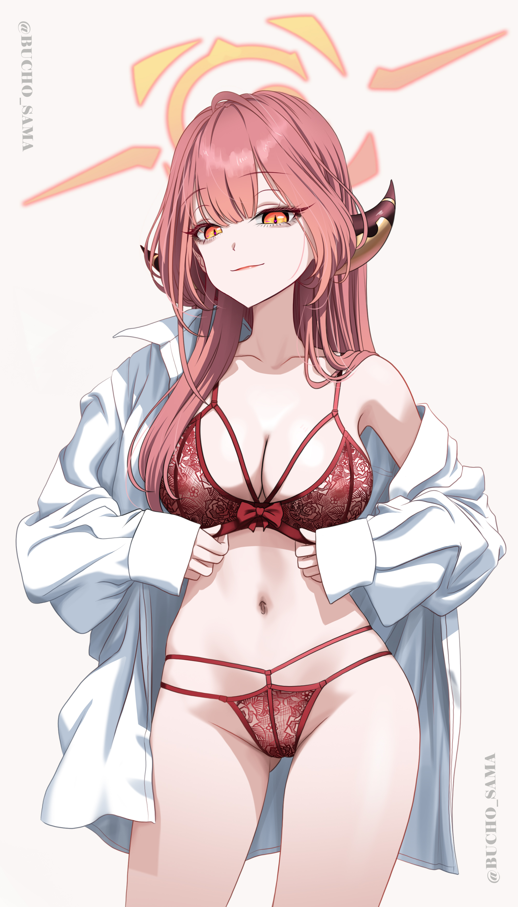 bucho sama, aru (blue archive), blue archive, absurdres, highres, 1girl, bow, bow bra, bra, breasts, collarbone, cowboy shot, demon horns, dress shirt, gluteal fold, groin, halo, horns, large breasts, light smile, lingerie, long hair, looking at viewer, navel, open clothes, open shirt, panties, red bra, red panties, shirt, single bare shoulder, solo, stomach, twitter username, underwear, white shirt
