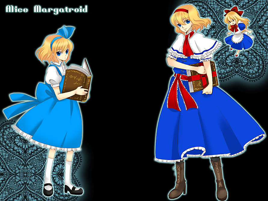 kaji, alice margatroid, alice margatroid (pc-98), shanghai doll, mystic square, touhou, touhou (pc-98), 2girls, apron, blonde hair, blue dress, book, doll, dress, dual persona, female focus, flying, full body, grimoire, grimoire of alice, hairband, holding, holding book, looking at viewer, multiple girls, short hair, size difference, standing, time paradox, waist apron