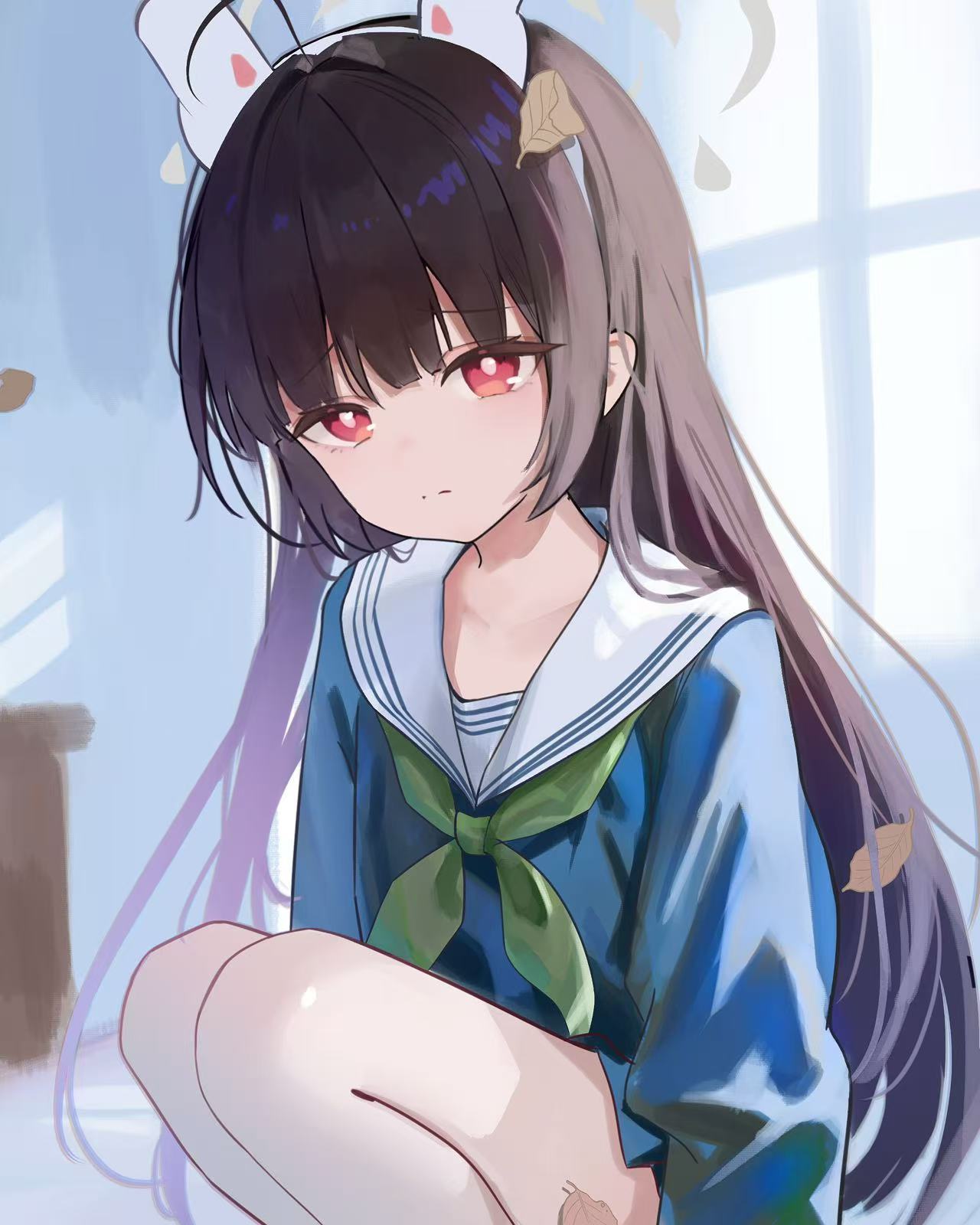 yuuca, miyu (blue archive), blue archive, highres, 1girl, animal ears, black hair, blue shirt, closed mouth, fake animal ears, green neckerchief, halo, leaf, long hair, long sleeves, looking at another, neckerchief, pantyhose, rabbit ears, red eyes, sailor collar, school uniform, serafuku, shirt, sidelocks, solo, squatting, white pantyhose, white sailor collar, white serafuku