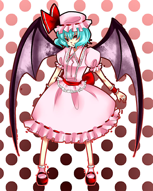 kaji, remilia scarlet, touhou, 1girl, aqua hair, belt, bobby socks, female focus, frills, full body, hat, looking at viewer, mary janes, mob cap, polka dot, polka dot background, puffy short sleeves, puffy sleeves, red eyes, red ribbon, ribbon, shoes, short hair, short sleeves, simple background, socks, solo, standing, white socks
