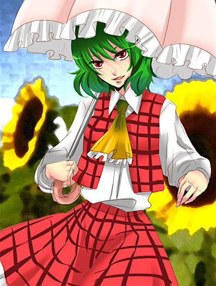 kaji, kazami yuuka, touhou, 1girl, ascot, female focus, flower, green hair, parasol, plaid clothes, plaid skirt, plaid vest, red eyes, short hair, skirt, skirt set, solo, sunflower, umbrella, vest