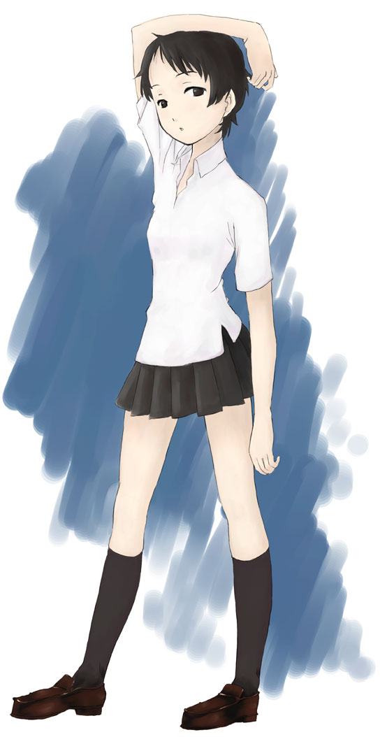 yamamoto shima, konno makoto, toki wo kakeru shoujo, 00s, black eyes, black hair, brown eyes, brown hair, kneehighs, parted bangs, shibahime kyou, short hair, skirt, socks, solo