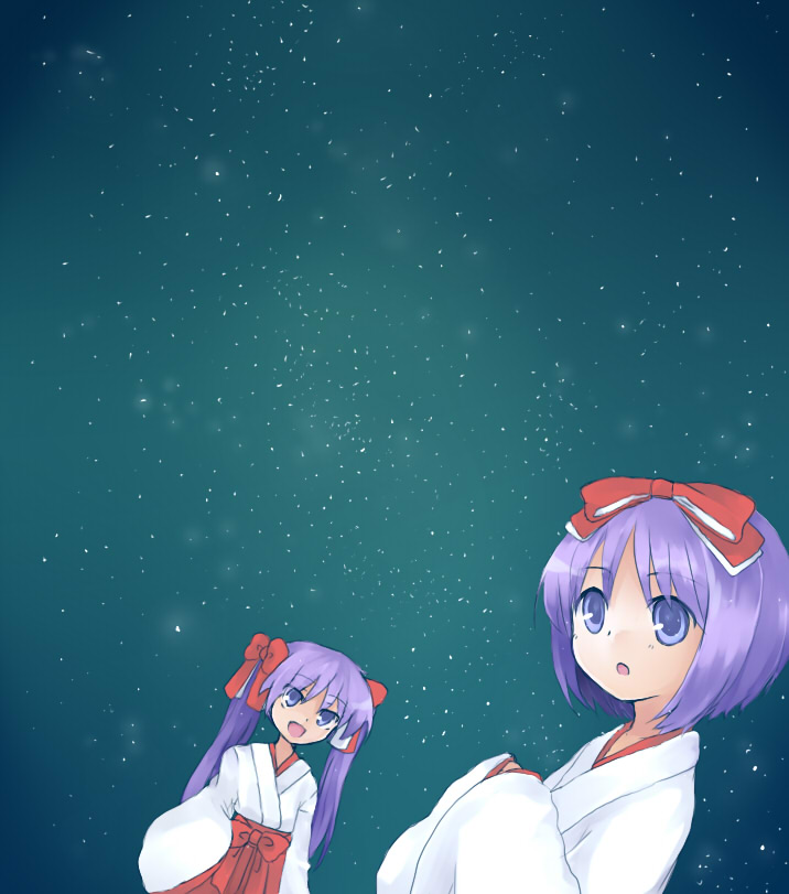 sakaki chihiro, hiiragi kagami, hiiragi tsukasa, lucky star, 00s, 2girls, :o, blue eyes, hakama, hakama skirt, japanese clothes, kimono, long hair, long sleeves, miko, multiple girls, night, night sky, open mouth, pink hair, red hakama, red skirt, short hair, siblings, sisters, skirt, sky, star (sky), starry sky, twintails, upper body, very long hair, wide sleeves