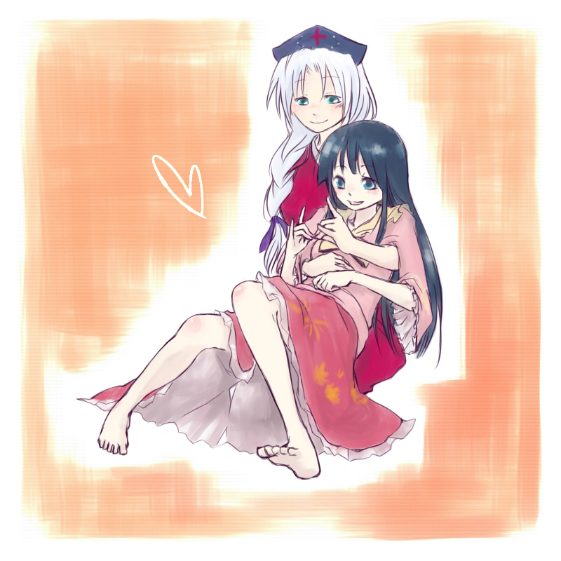 satou, houraisan kaguya, yagokoro eirin, touhou, 2girls, barefoot, female focus, full body, multiple girls