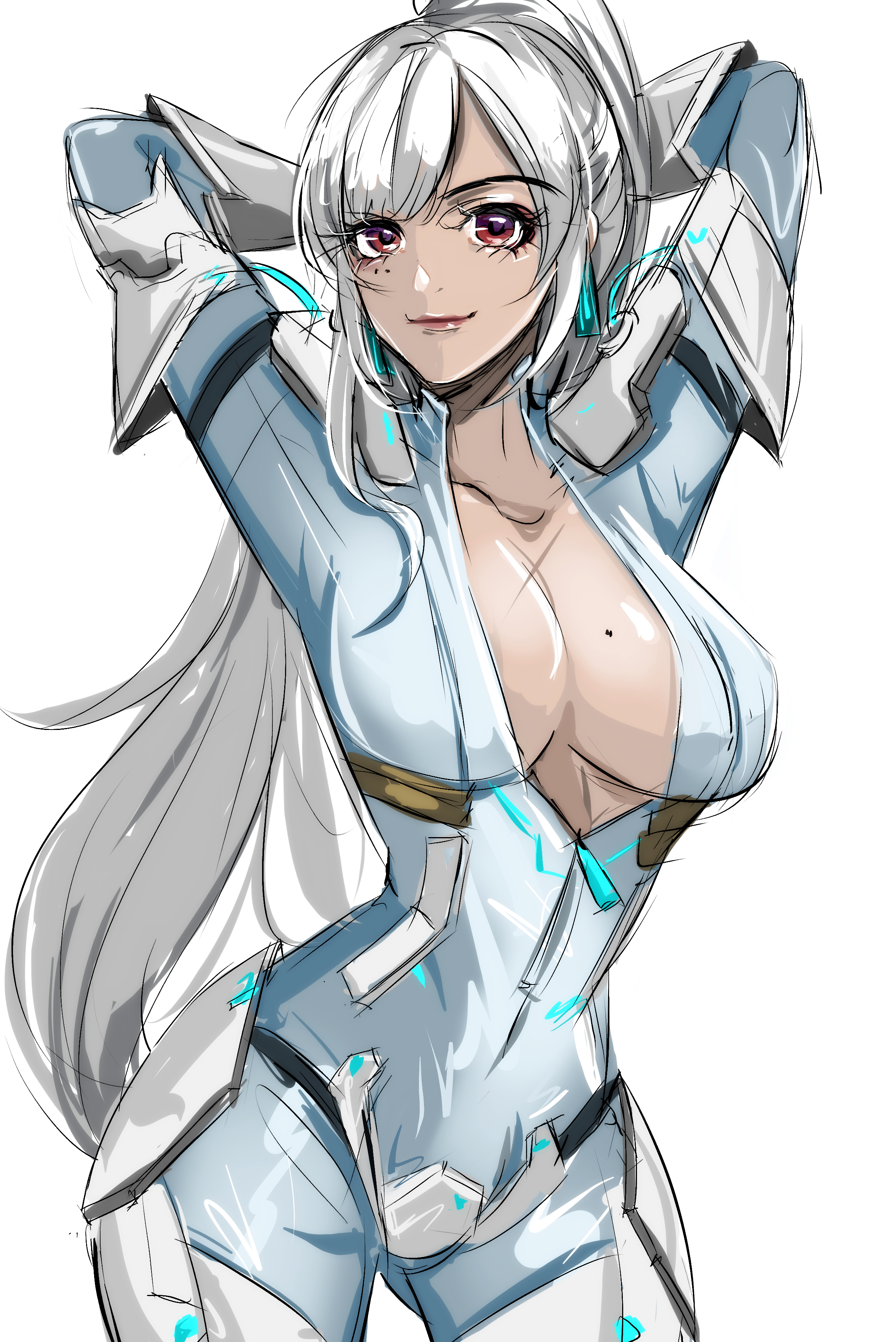 lameir, scarle yonaguni, scarle yonaguni (6th costume), nijisanji, nijisanji en, absurdres, highres, 1girl, arms behind head, bodysuit, breasts, cleavage, closed mouth, dark-skinned female, dark skin, large breasts, looking at viewer, mole, mole on breast, official alternate costume, official alternate hair color, official alternate hairstyle, ponytail, red eyes, smile, solo, white background, white bodysuit, white hair