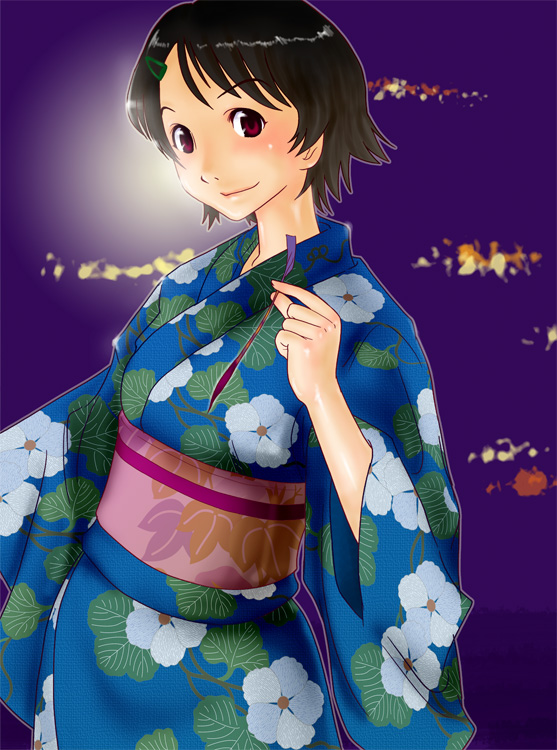 kabaya kousuke, konno makoto, toki wo kakeru shoujo, 00s, 1girl, brown eyes, brown hair, female focus, fireworks, japanese clothes, kimono, ribbon, senkou hanabi, short hair, solo, sparkler