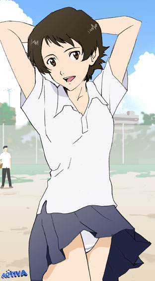 moriya naoki, konno makoto, tsuda kousuke, toki wo kakeru shoujo, long image, tall image, 00s, 1boy, 1girl, :d, arms behind head, arms up, artist name, black eyes, black hair, blue sky, building, cloud, fence, field, looking at viewer, open mouth, outdoors, panties, pants, pantyshot, pleated skirt, school uniform, serafuku, shade, shirt, short hair, short sleeves, skirt, sky, smile, solo focus, thighs, underwear, upskirt, watermark, white panties, white shirt, wind, wind lift