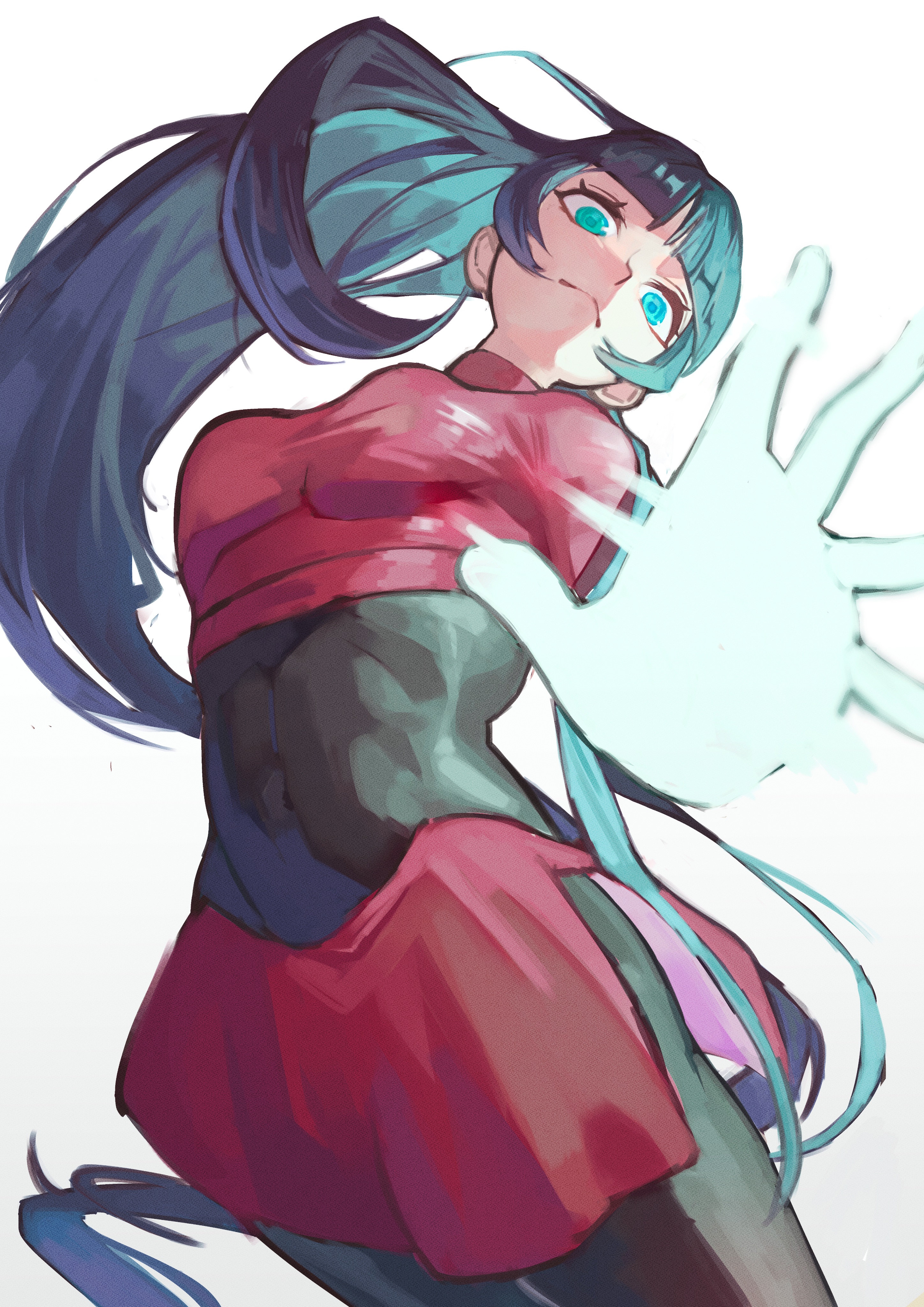 rasoso (wyzx4524), sabrina (pokemon), nintendo, pokemon, pokemon frlg, absurdres, highres, 1girl, blunt bangs, bodysuit, bodysuit under clothes, breasts, crop top, cropped jacket, floating hair, from below, gloves, glowing, glowing eyes, jacket, long hair, long sleeves, medium breasts, miniskirt, pencil skirt, red jacket, red skirt, side slit, skirt, solo, straight hair, telekinesis, turtleneck, turtleneck jacket, white gloves