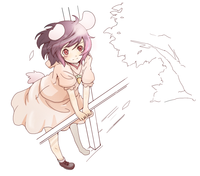 inaba tewi, touhou, 1girl, animal ears, female focus, full body, monochrome, outdoors, plant, rabbit ears, short hair, solo, standing, tree, white background