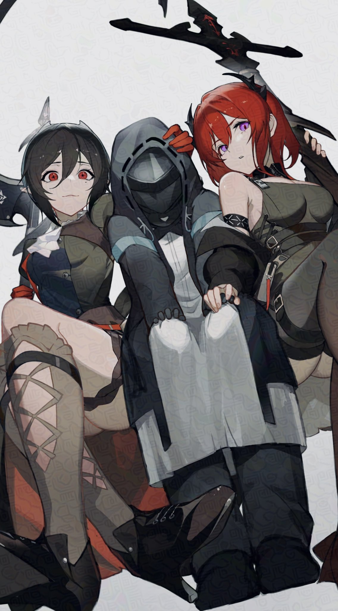 anths, doctor (arknights), entelechia (arknights), surtr (arknights), arknights, highres, 1boy, 2girls, breasts, hair between eyes, holding, holding sword, holding weapon, multiple girls, necktie, red eyes, red hair, sword, weapon