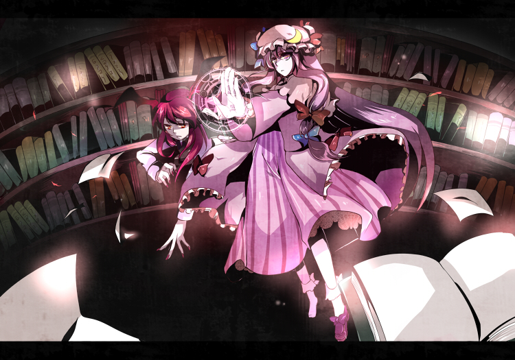 soudesu (pixiv), koakuma, patchouli knowledge, embodiment of scarlet devil, touhou, 2girls, book, bookshelf, collared shirt, crescent moon, female focus, flying, hat, library, long hair, magic circle, mob cap, moon, multiple girls, pajamas, purple eyes, purple hair, red eyes, red hair, ribbon, shirt, vest, voile, wings
