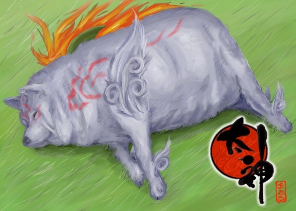 amaterasu (ookami), ookami (game), non-web source, animal, animal focus, character name, dog, fat, field, fire, grass, lying, meme, no humans, obese, on side, parody, pun, solo, wolf