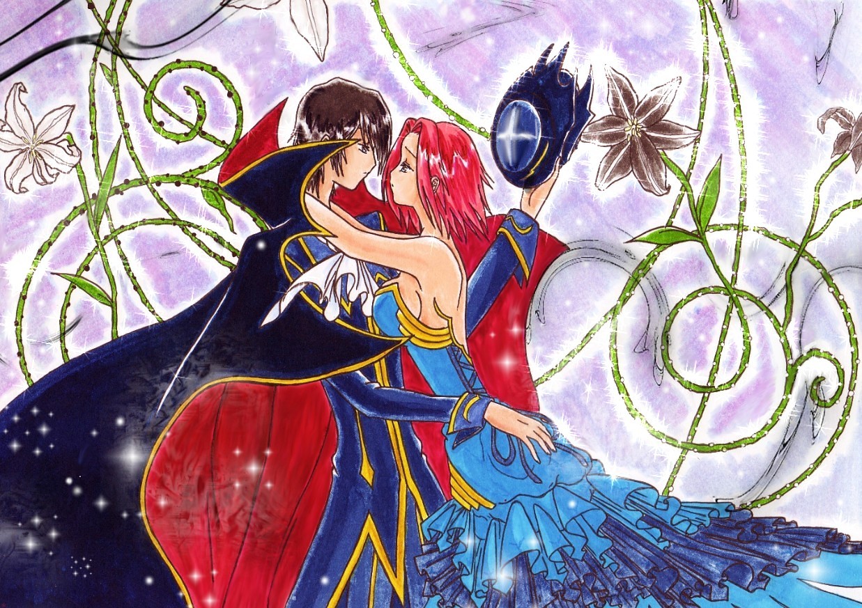 kouzuki kallen, lelouch vi britannia, code geass, artist request, 00s, 1boy, 1girl, agony, bare arms, bare shoulders, cape, dress, flower, hug, kalulu, mask, red hair, short hair, standing, strapless, strapless dress