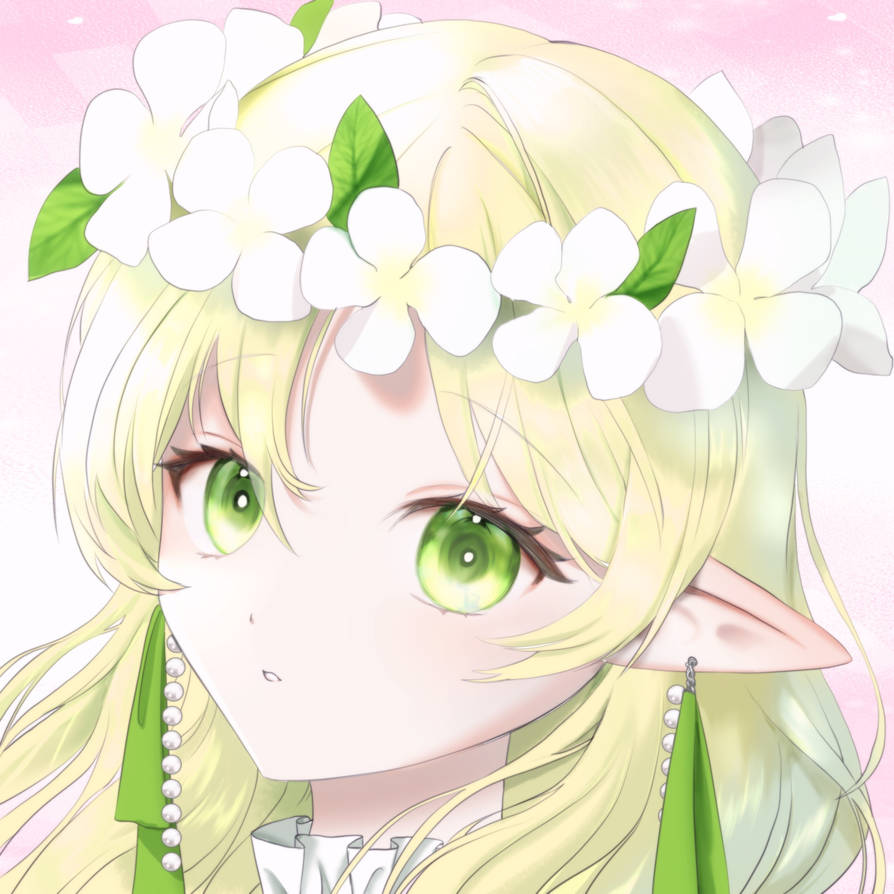 original, 1girl, blonde hair, collar, earrings, elf, film grain, flower, frills, green eyes, hair flower, hair ornament, jewelry, leaf, leaf hair ornament, long hair, looking at viewer, macopoc, pearl earrings, pink background, pointy ears, portrait, simple background, solo, white background, white collar, white flower