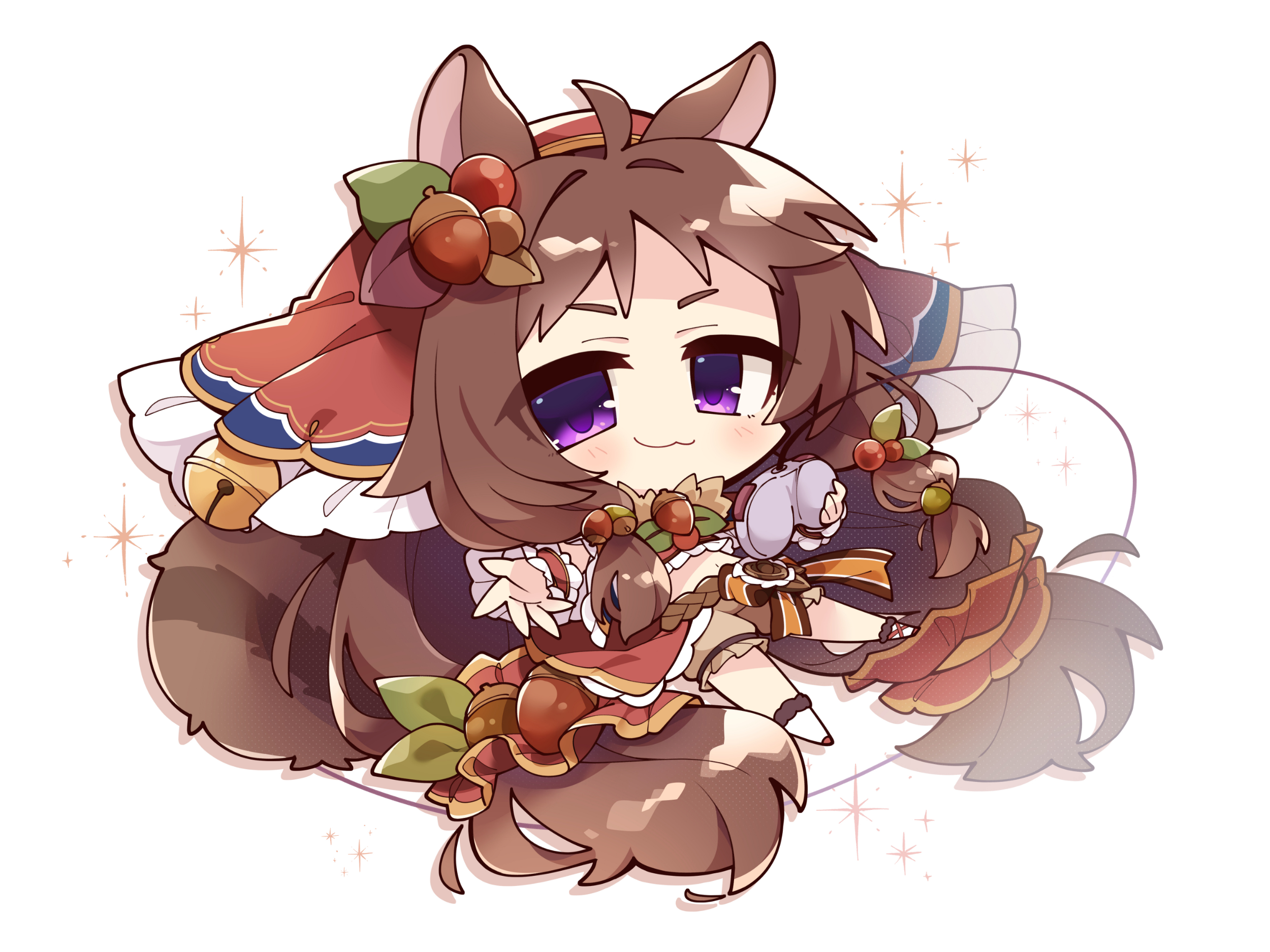 misosiru 0224, rin (princess connect!), princess connect!, commentary request, highres, 1girl, :3, acorn hair ornament, animal ears, bell, blush, brown hair, brown shoes, brown shorts, chibi, chibi only, closed mouth, crop top, full body, headscarf, jingle bell, long hair, looking at viewer, midriff, navel, purple eyes, red headscarf, shoes, shorts, simple background, smile, socks, solo, squirrel ears, squirrel girl, squirrel tail, tail, white background, white socks