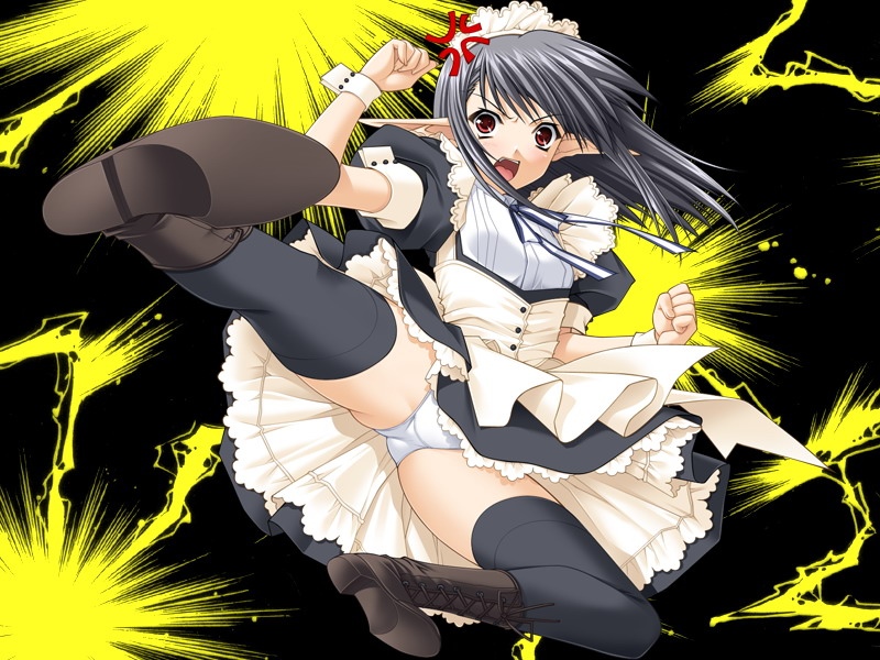 suzuhira hiro, sage (tick! tack!), really? really!, shuffle!, game cg, 00s, 1girl, action, black hair, boots, cuffs, demon, female focus, kicking, maid, open mouth, panties, pantyshot, pointy ears, red eyes, solo, thighhighs, underwear, upskirt, wrist cuffs