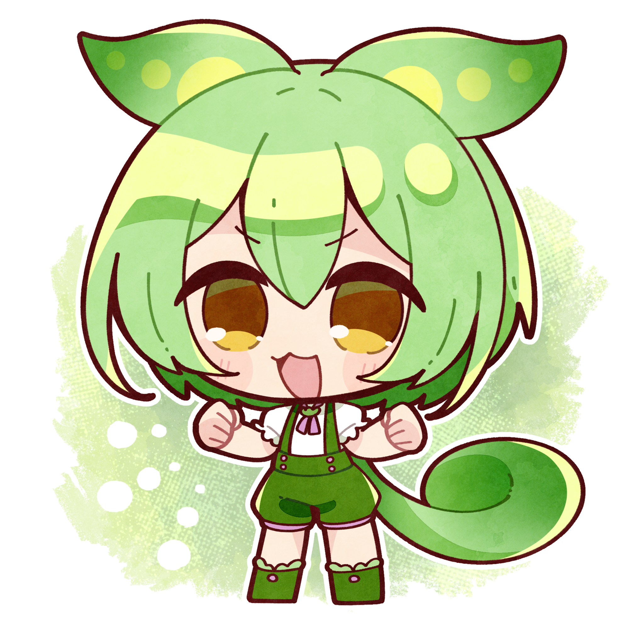 edamame, misosiru 0224, zundamon, voicevox, commentary request, highres, 1girl, :3, :d, blush stickers, chibi, chibi only, clenched hands, double-parted bangs, full body, green background, green hair, green shoes, green shorts, hair between eyes, hands up, long hair, looking at viewer, low ponytail, neck ribbon, open mouth, outline, pink ribbon, ponytail, ribbon, shirt, shoes, short sleeves, shorts, smile, solo, standing, suspender shorts, suspenders, v-shaped eyebrows, white outline, white shirt, yellow eyes