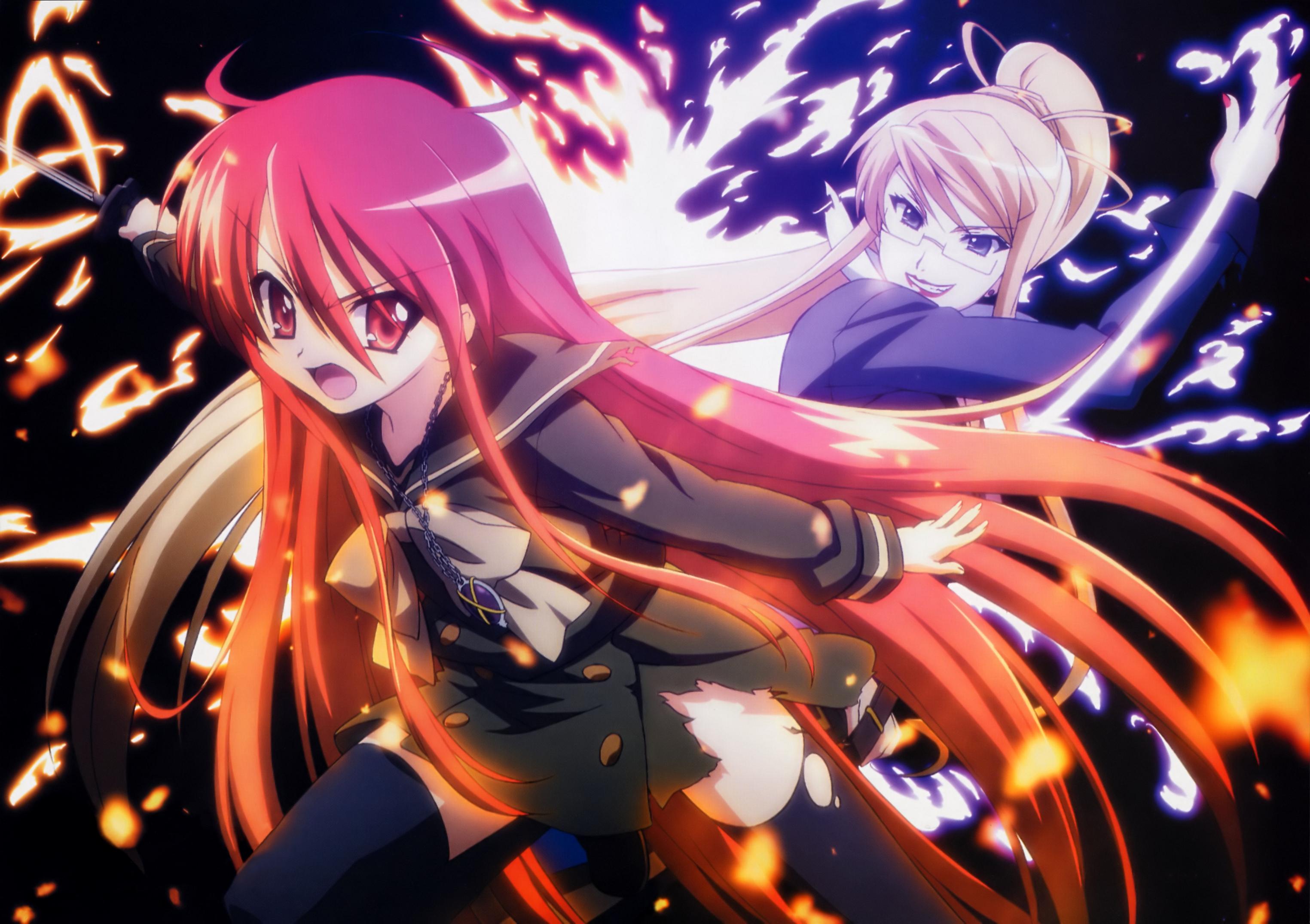 alastor (shakugan no shana), margery daw, shana, shakugan no shana, highres, 00s, 2girls, glasses, jewelry, multiple girls, pendant, red hair, school uniform, serafuku, thighhighs, torn clothes