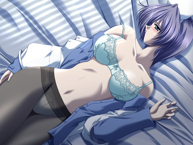 aoi hatori, nursery song, game cg, 1girl, bed, blue eyes, blue hair, blush, bra, crotch seam, female focus, lingerie, lying, matching hair/eyes, nurse, panties, panties under pantyhose, pantyhose, solo, sweat, underwear