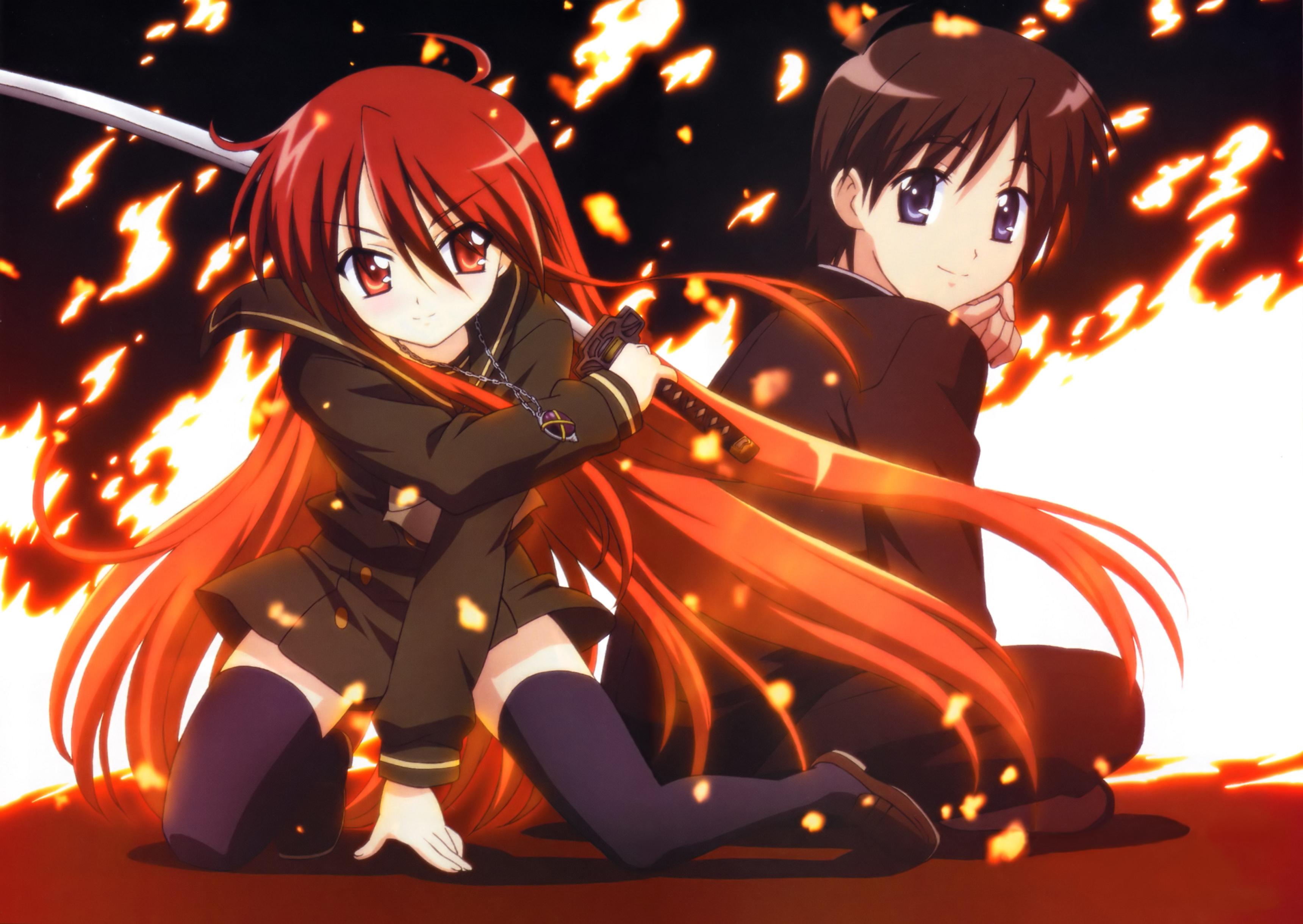 alastor (shakugan no shana), sakai yuuji, shana, shakugan no shana, absurdres, highres, 00s, 1boy, 1girl, jewelry, pendant, red hair, school uniform, serafuku, sword, thighhighs, weapon