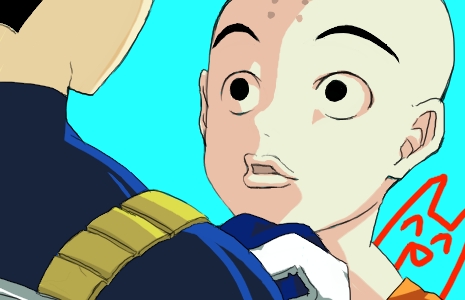 yowai (artist), holland novak, kuririn, renton thurston, vegeta, dragon ball, dragonball z, eureka seven, eureka seven (series), bad id, bad pixiv id, lowres, 2boys, bald, male focus, meme, multiple boys, neta, nijiura 7 (meme), parody, what