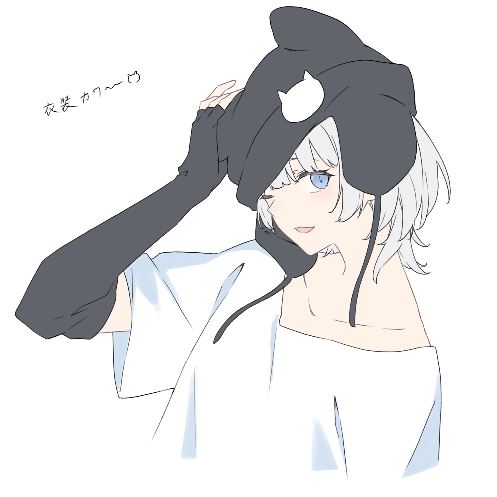 kanade (kanade 3344), kaname raana, bang dream!, bang dream! it's mygo!!!!!, highres, translation request, 1girl, black gloves, black hat, blue eyes, elbow gloves, fingerless gloves, gloves, hat, looking at viewer, one eye closed, open mouth, shirt, simple background, solo, upper body, white background, white shirt