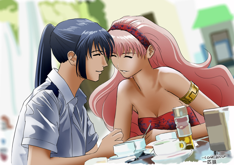lone wolf, saotome alto, sheryl nome, macross, macross frontier, 00s, 1boy, 1girl, alto saotome, black hair, breasts, cleavage, closed eyes, hairband, long hair, pink hair, ponytail, very long hair