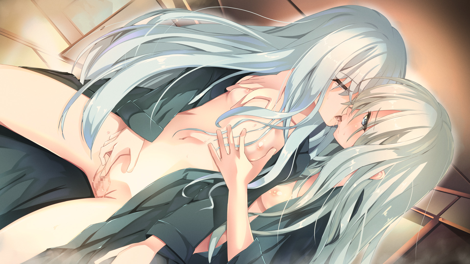 gc3, original, commentary request, highres, 2girls, bath yukata, blue eyes, breasts, censored, dutch angle, fingering, french kiss, grabbing another's breast, grey hair, grey kimono, groping, hair between eyes, indoors, japanese clothes, kimono, kiss, long hair, masturbation, mosaic censoring, multiple girls, nipples, open clothes, open kimono, partially undressed, pussy, pussy juice, saliva, sitting, small breasts, very long hair, yukata, yuri