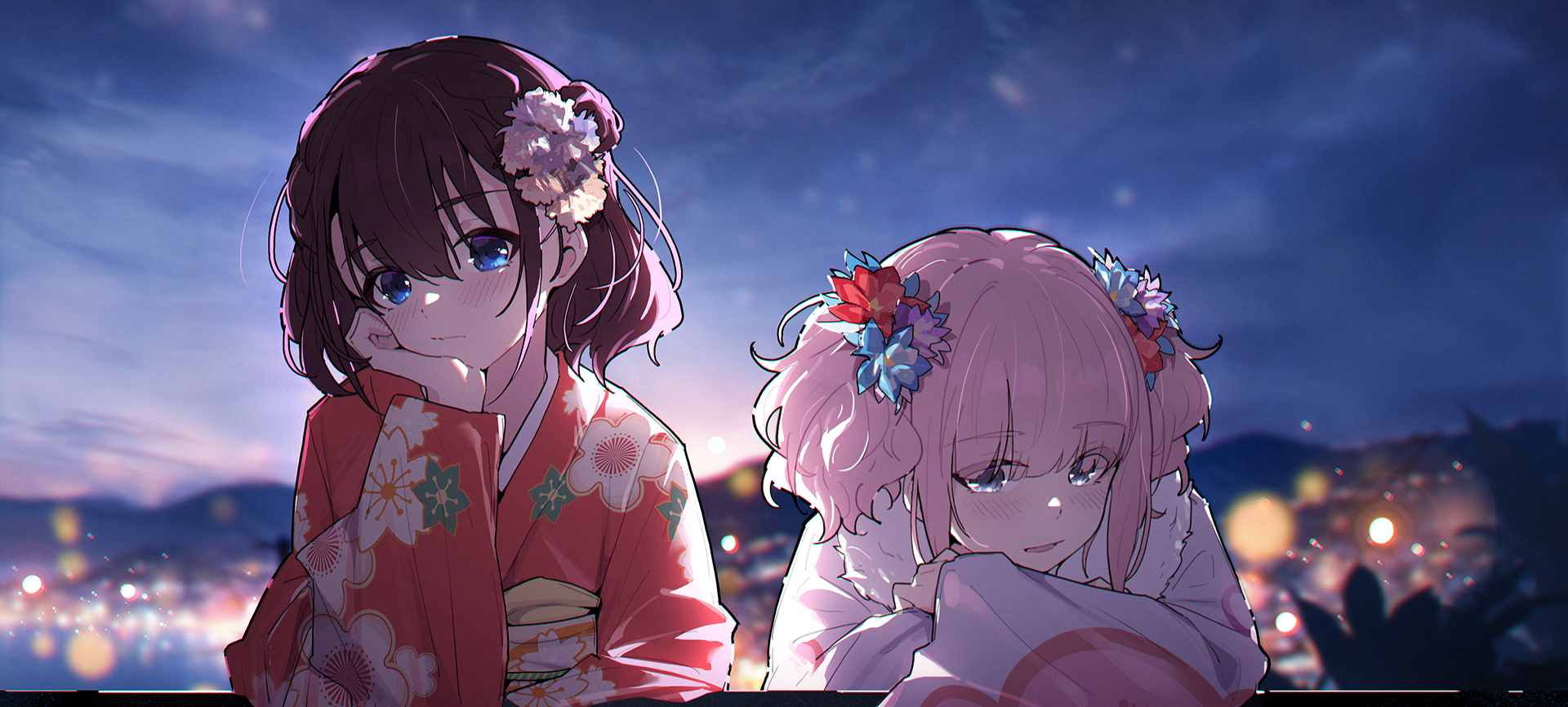 yun cao bing, hina (girls band cry), iseri nina, girls band cry, chinese commentary, commentary request, highres, 2girls, blue eyes, blush, braid, brown hair, chibi, closed mouth, dress, floral print, floral print kimono, grey eyes, hair between eyes, hair bun, japanese clothes, kimono, multiple girls, open mouth, pink hair, print kimono, red kimono, short hair, single side bun, white kimono