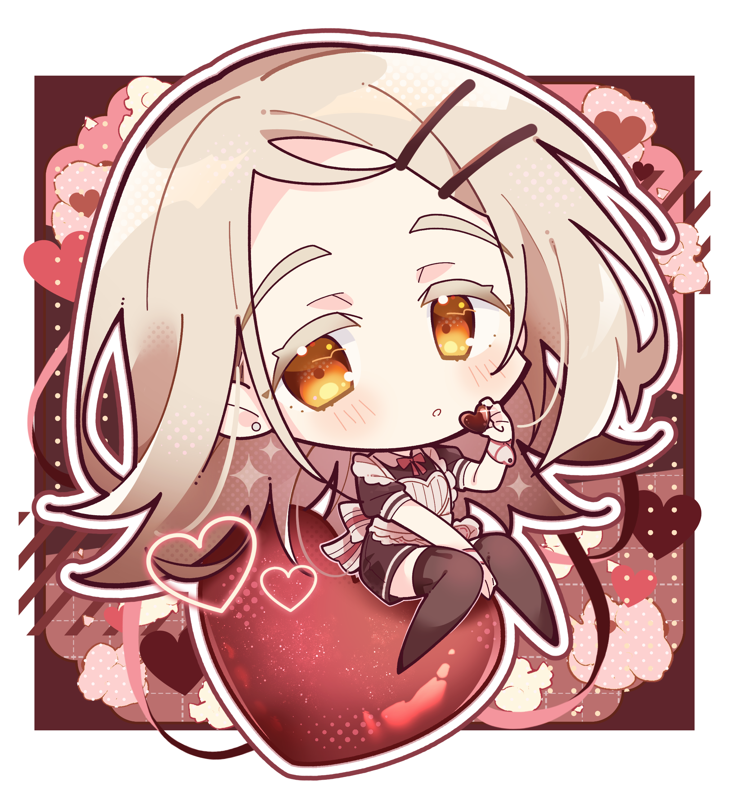misosiru 0224, shinosawa hiro, gakuen idolmaster, idolmaster, absurdres, commentary request, highres, 1girl, apron, black dress, black thighhighs, blush, border, brown background, candy, chibi, chibi only, chocolate, chocolate heart, dress, food, frilled apron, frills, full body, grey hair, hair ornament, hairclip, happy mille-feuille (idolmaster), heart, heart-shaped food, holding, holding chocolate, holding food, long hair, looking at viewer, orange eyes, outline, outside border, parallel hairclips, parted lips, short sleeves, sitting, solo, thighhighs, valentine, white apron, white border, white outline
