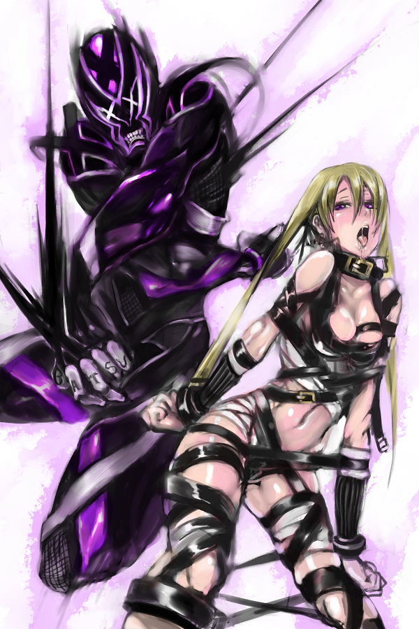 z-ton, pixiv shadow, bad id, bad pixiv id, 1boy, 1girl, bandages, bdsm, belt, blonde hair, blush, bondage, bound, collar, long hair, monster, purple eyes, saliva, tongue
