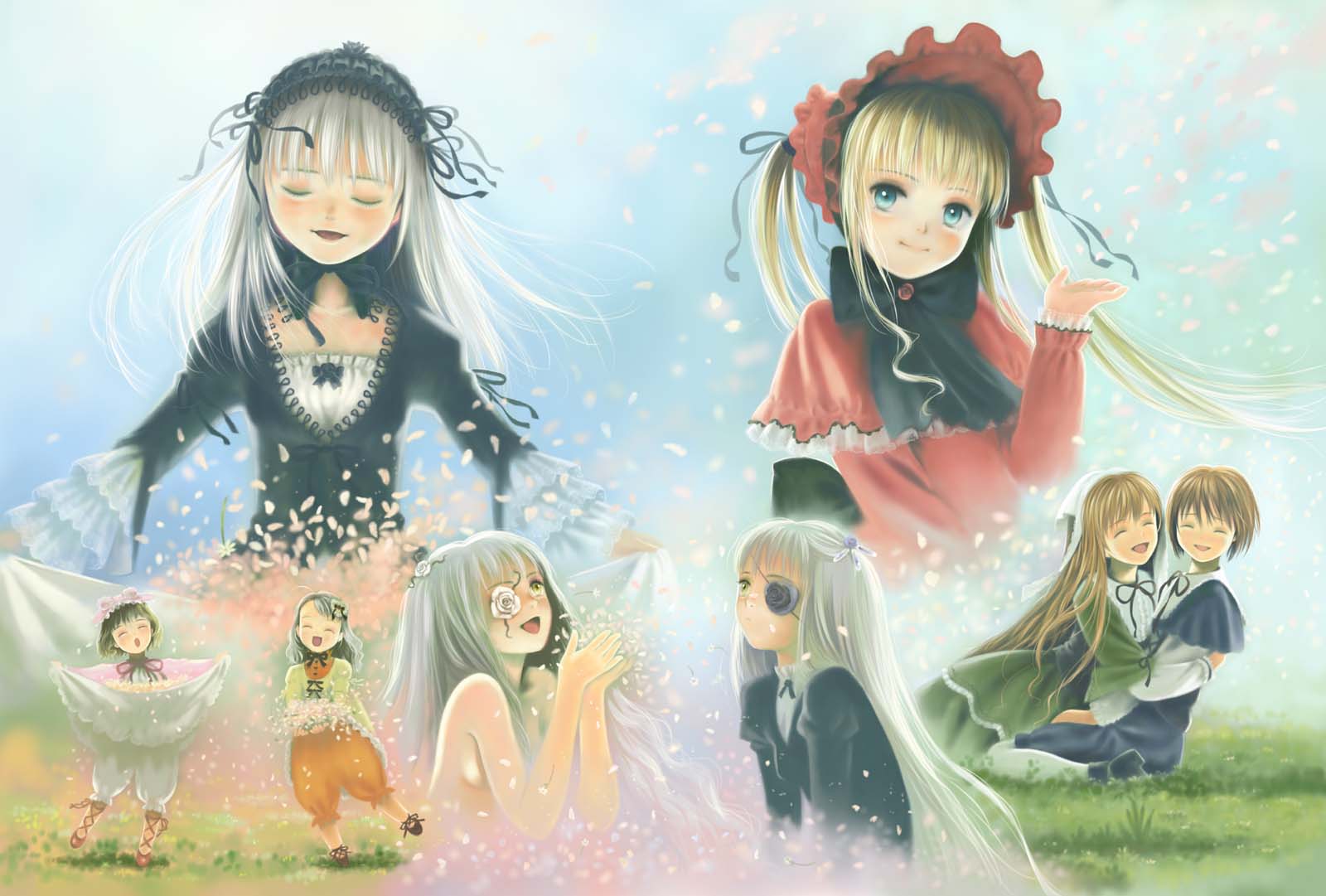 toshi hiroshi, barasuishou, hinaichigo, kanaria, kirakishou, shinku, souseiseki, suigintou, suiseiseki, rozen maiden, silver hair, highres, 00s, 6+girls, blonde hair, blue eyes, closed eyes, eyepatch, multiple girls, petals, twintails, two side up