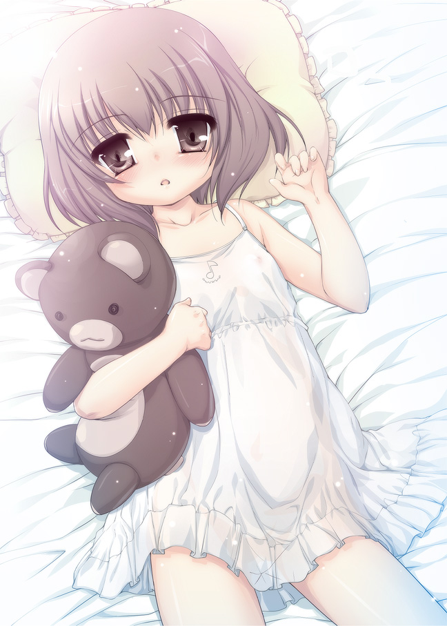 akahito, amatsuka sakura, baby princess, silver hair, bad id, bad pixiv id, 10s, 1girl, bed, black eyes, blush, female focus, flat chest, lingerie, loli, lying, musical note, nightgown, on back, pillow, purple eyes, purple hair, see-through clothes, short hair, solo, stuffed animal, stuffed toy, teddy bear, underwear